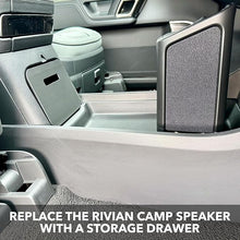 Load image into Gallery viewer, Camp Speaker Drawer Organizer for Rivian R1S &amp; Rivian R1T - Storage Tray Box Caddy with Premium Leather Liner Insert, Interior Accessory Replacement for the Lower Center Console

