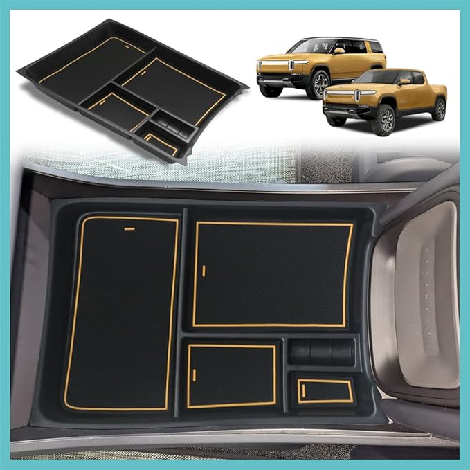 BestEvMod for Rivian R1T & Rivian R1S Lower Center Console Organizer Tray Interior Accessories Storage Box ABS Material with PVC Trim Compatible with Rivian R1T/R1S 2022 2023 2024 Accessories (Yellow)
